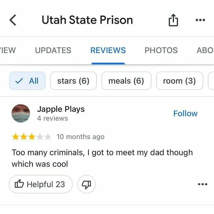 Funny review for Utah State Prison about meeting family, classic example of unexpected product reviews comedy.