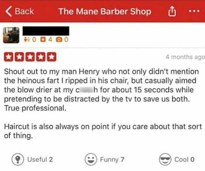 Hilarious 5-star product review praising a barber for discreetly using a blow dryer during an embarrassing moment.