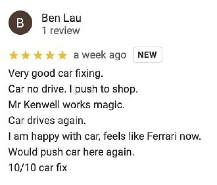 An unexpected comedy product review praising an auto mechanic.
