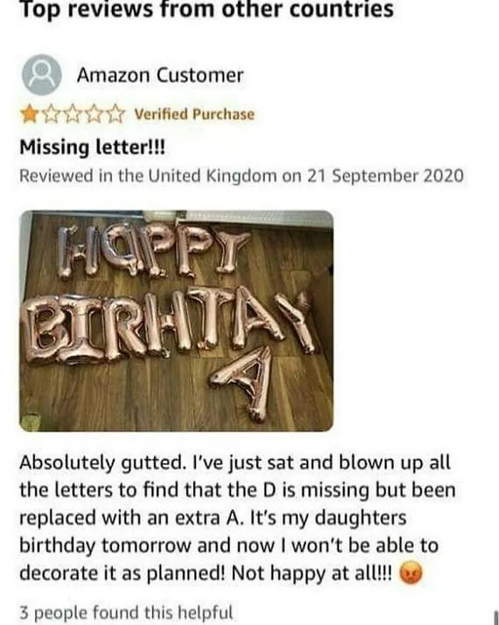 Hilarious product review for birthday balloons spelling HAPPY BIRHTAY with an extra letter A instead of a D.