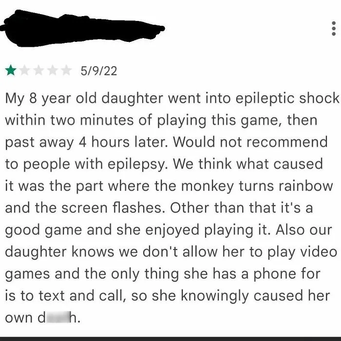 Wild and bizarre review for a mobile game, highlighting unexpected comedy in product reviews.