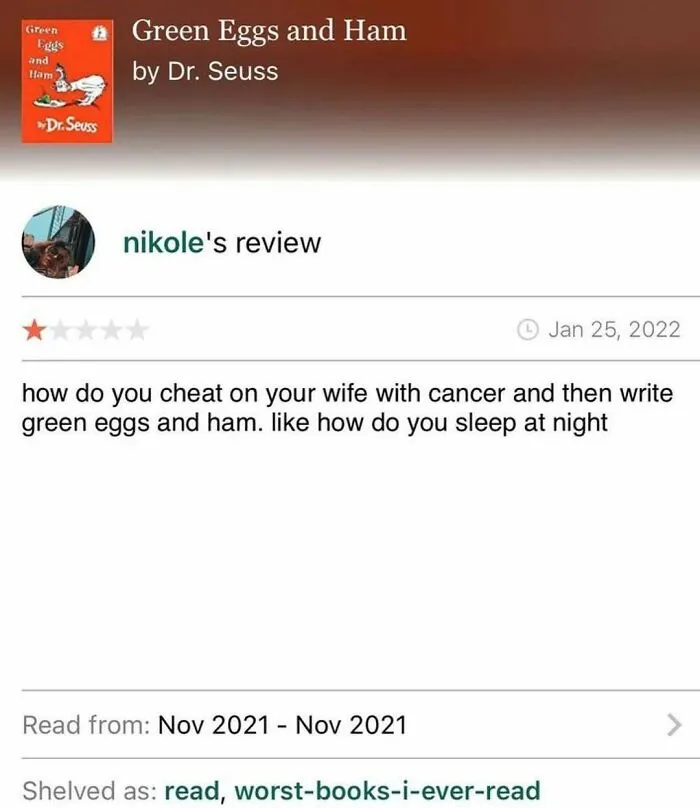 Critical book review of Green Eggs and Ham by Dr. Seuss, featured in funny product reviews compilation.