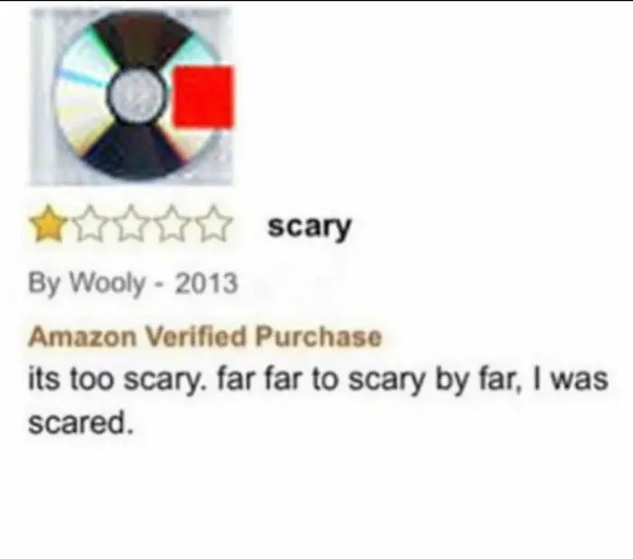 Amusing product review giving one star to a music CD for being too scary.