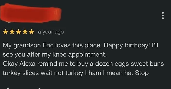 Amusing product review typed accidentally via voice assistant commands.