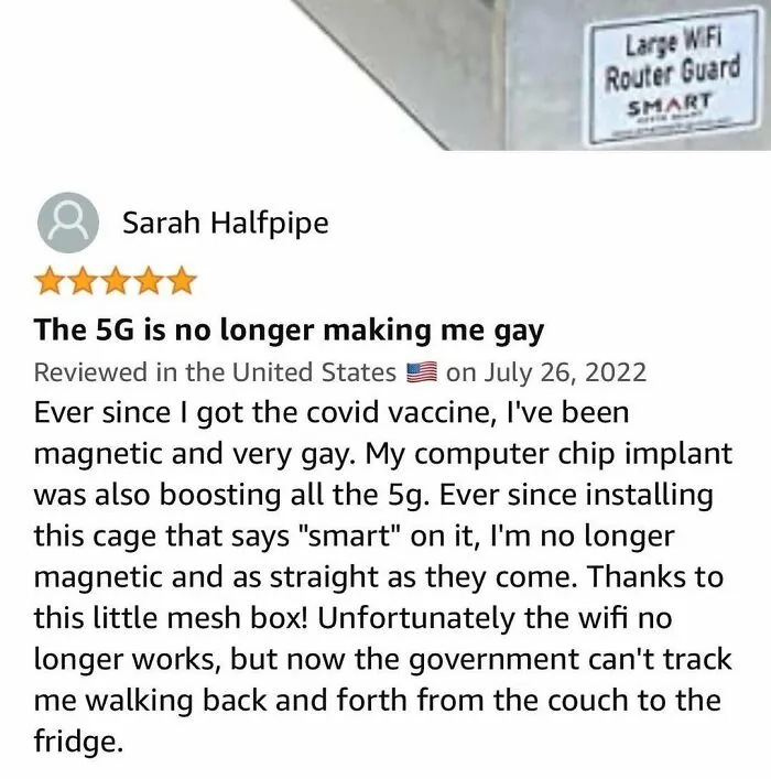 Sarcastic product review for a router cage making humorous claims about 5G signals.