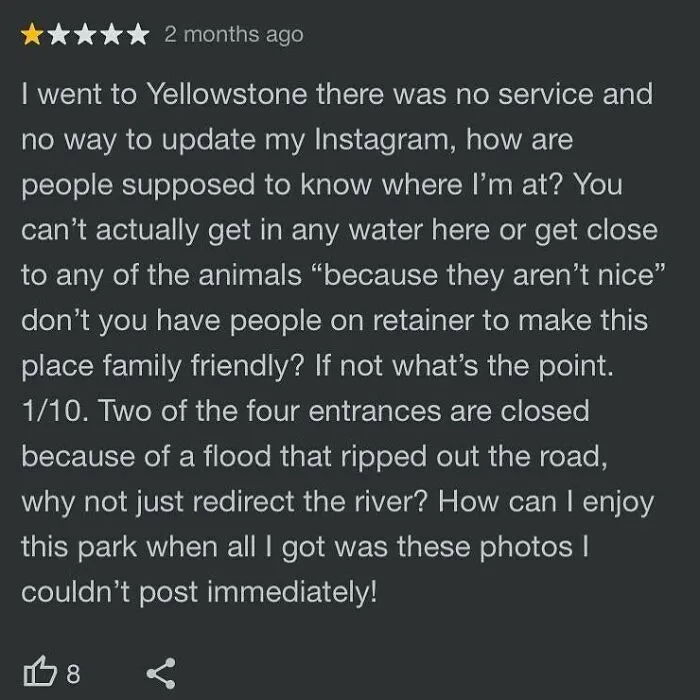Funny review for Yellowstone complaining about cell service, a classic example of unexpected product reviews.