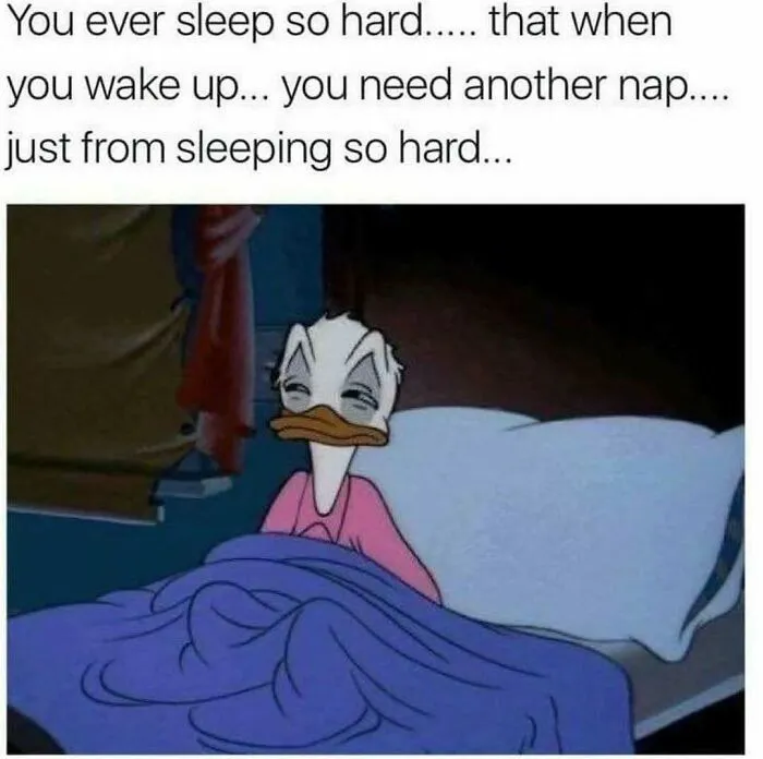 Sleepy Donald Duck tired in bed meme, perfect for sending memes to friends who love to nap.