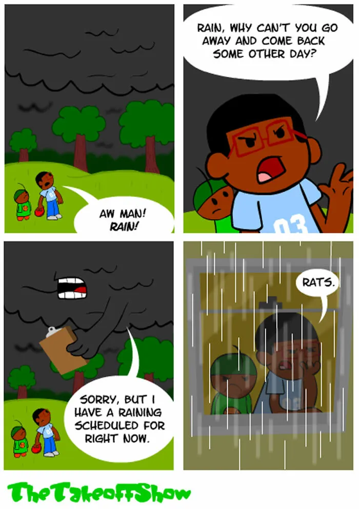 Relatable comics by Mikal Malik showing kids disappointed about a scheduled raining day outdoors