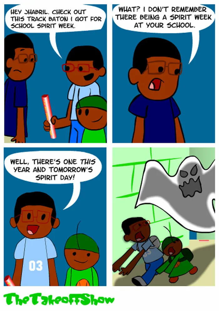 Relatable comics by Mikal Malik showing a funny spirit week misinterpretation with a real ghost