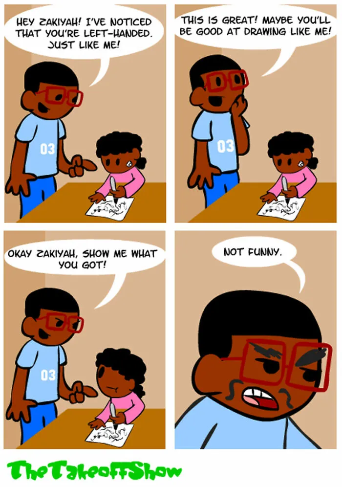 Relatable comics by Mikal Malik showing a girl drawing mustaches on her brother who praises her art talent
