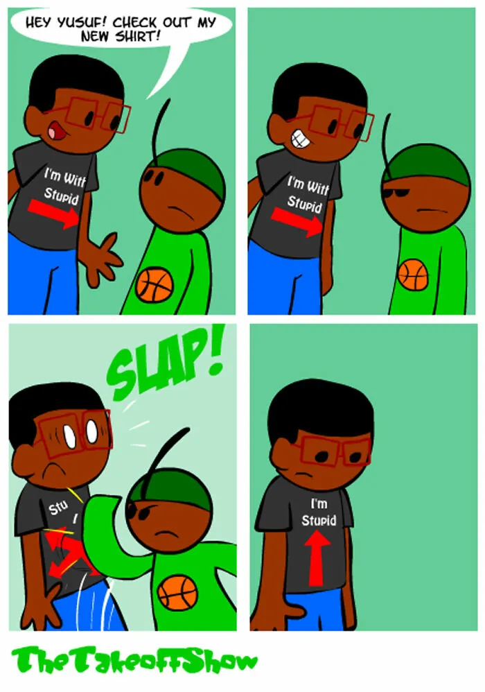 Relatable comics by Mikal Malik about a funny T-shirt mishap between friends.
