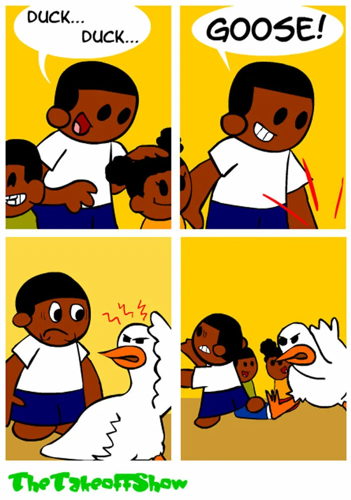 A four-panel Mikal Malik comic depicting children playing duck, duck, goose with a real angry goose
