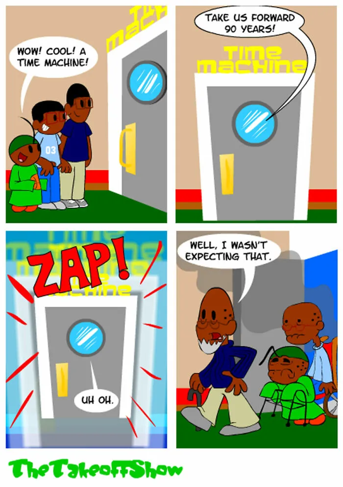 A Mikal Malik time travel comic where the characters exit a time machine aged by 90 years