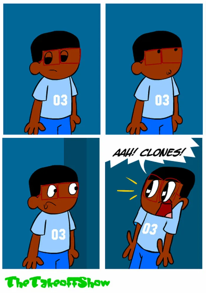 A funny four-panel comic by Mikal Malik featuring a character looking around and shouting about clones