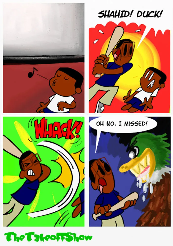 A comic strip by Mikal Malik where a boy swings a baseball bat and accidentally faces a giant monster duck
