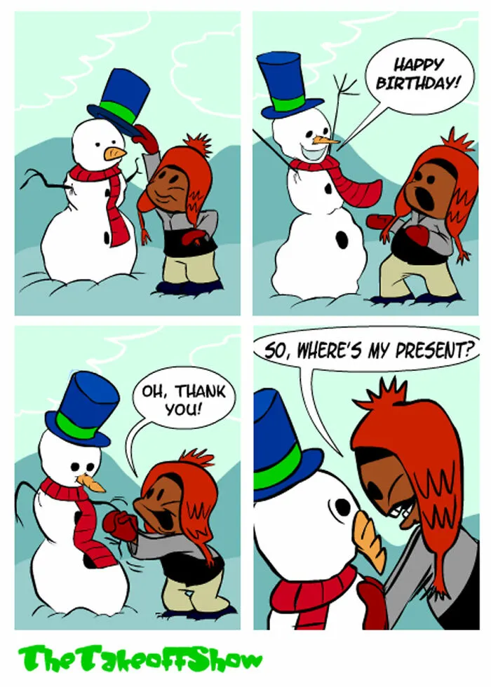 A comic strip about family life by Mikal Malik showing a kid talking to a snowman.