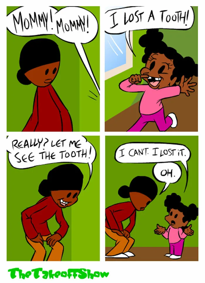 Relatable comics by Mikal Malik depicting a little girl talking to her mother about losing a tooth.