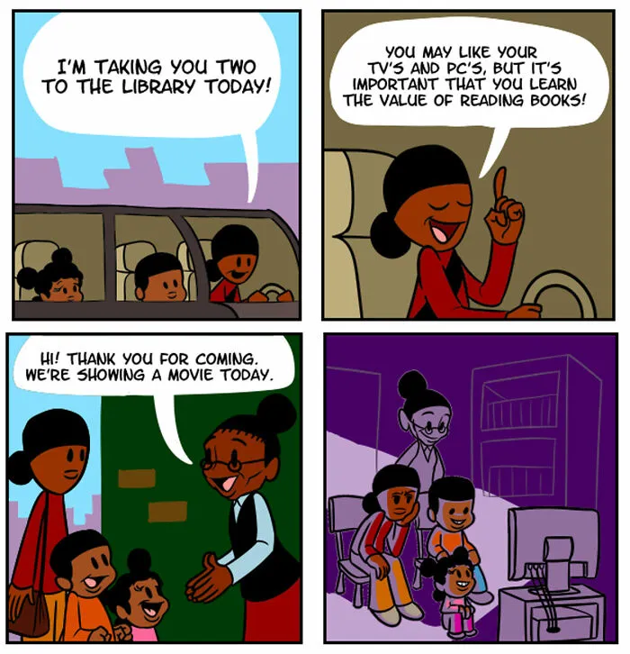 Relatable comics by Mikal Malik showing a mother taking her kids to the library to read, only to watch a movie