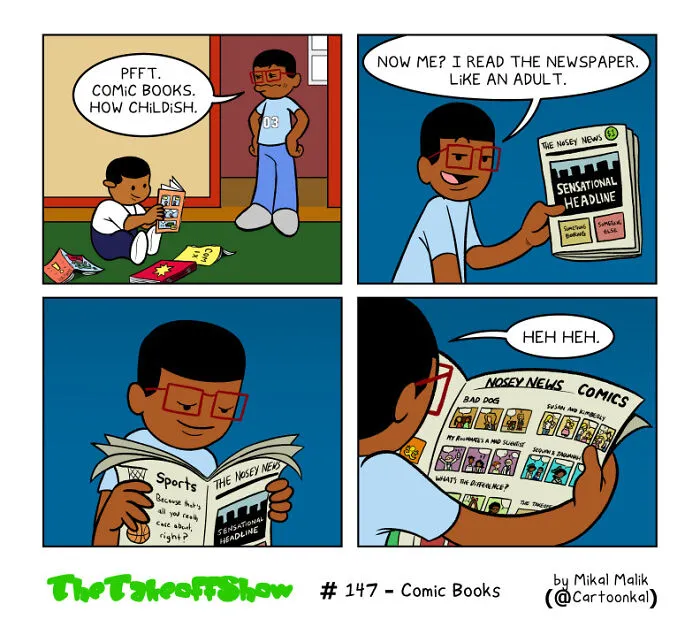 A comic strip by Mikal Malik about an adult pretending to read a newspaper but only looking at the comics.