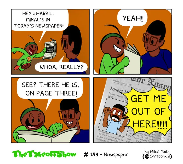 Mikal Malik comics panel showing characters finding a funny plea for help inside a newspaper page.