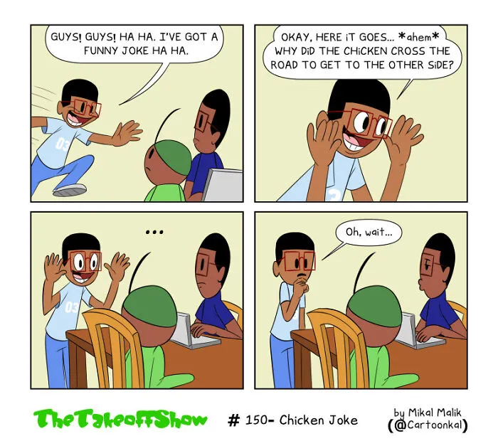 Mikal Malik comic panel showing a character telling a classic chicken joke, showcasing funny family life.