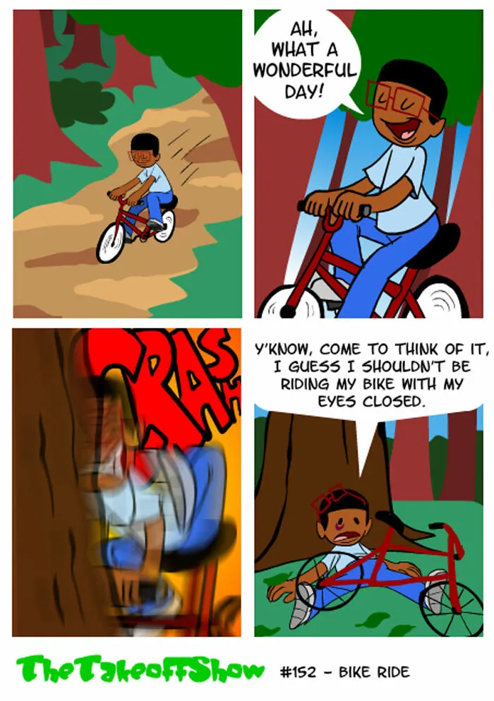 A comic illustrating a funny bike ride crash, from comics by Mikal Malik showcasing family life