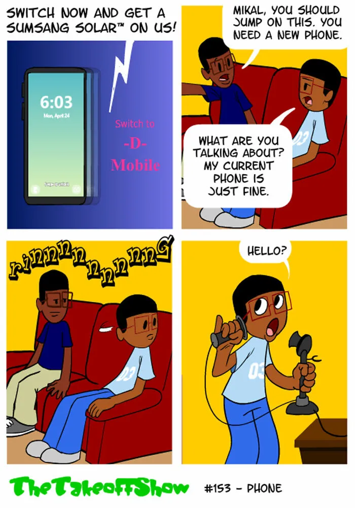 A comic strip about an old-fashioned phone, part of comics by Mikal Malik showing family life