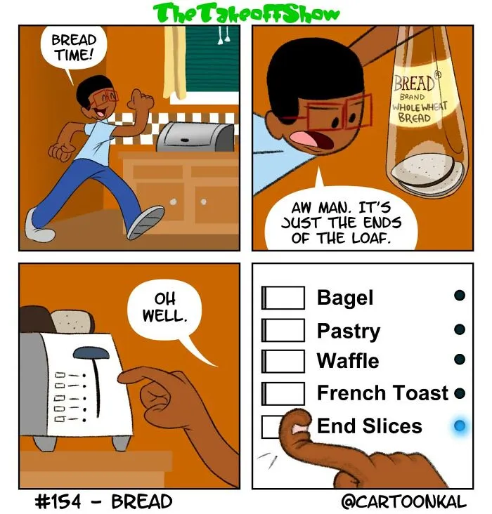 A comic strip depicting a toast settings dilemma, from comics by Mikal Malik about family life