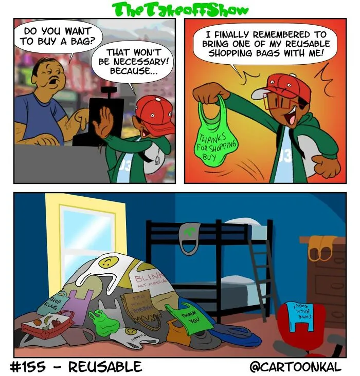 A humorous comic by Mikal Malik showing a massive pile of reusable shopping bags from family life.