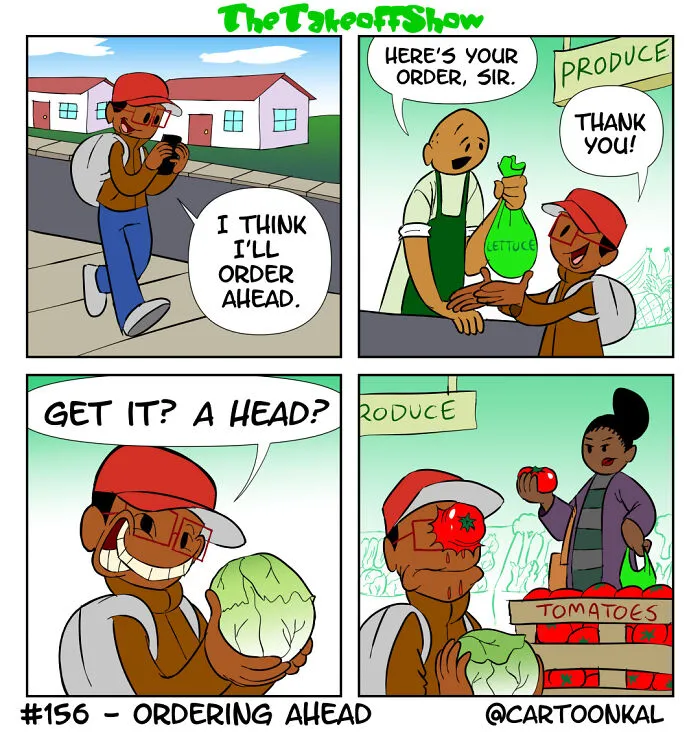 A funny family life comic by Mikal Malik featuring a pun about ordering a head of lettuce.