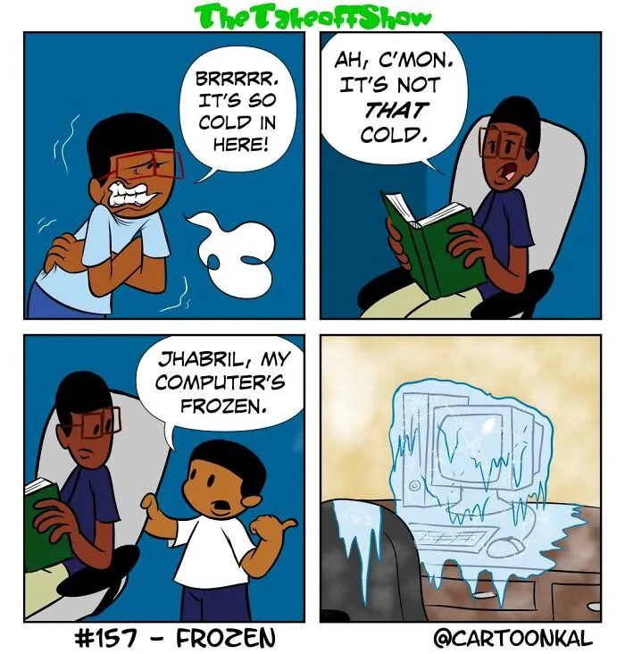 A four-panel comic by Mikal Malik depicting a frozen computer, highlighting the funny side of family life.