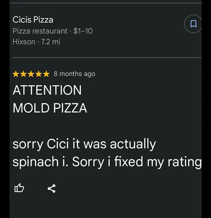 Funny customer product review for a pizza place correcting a mold complaint to spinach