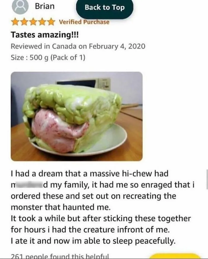 Bizarre review showing a giant ball of Hi-Chew candy, featured in funny product reviews.
