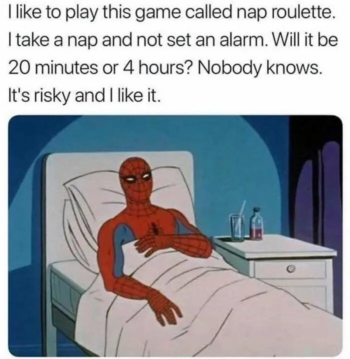 Funny nap roulette meme of Spider-Man lying in bed to send to friends