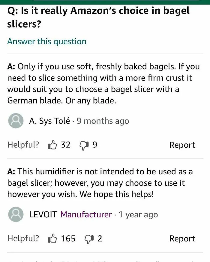 Humorous product review Q&A where a customer asks if a humidifier works as a bagel slicer.