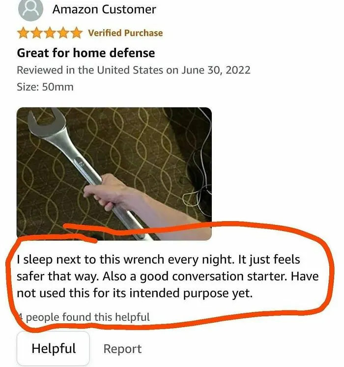Product reviews highlight showing a customer review for a large wrench used for home defense