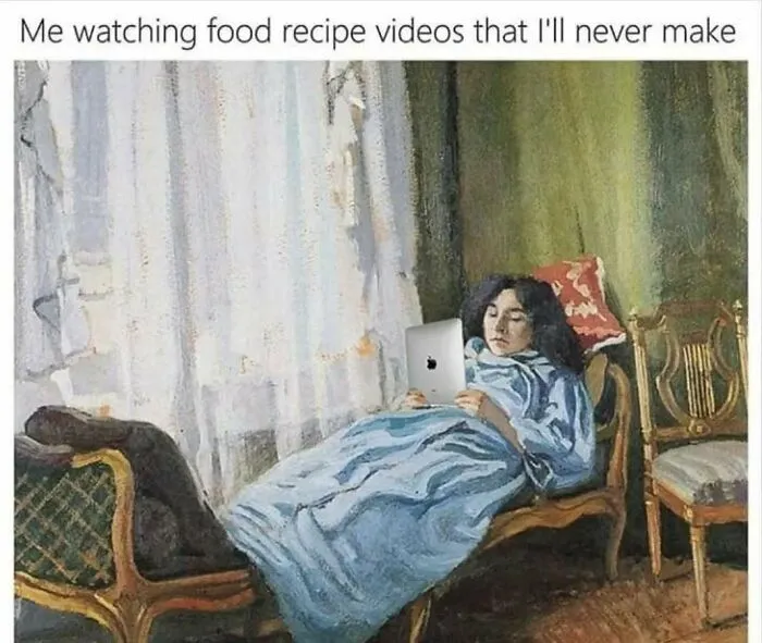 Classical art memes showing a woman in bed looking at a tablet.