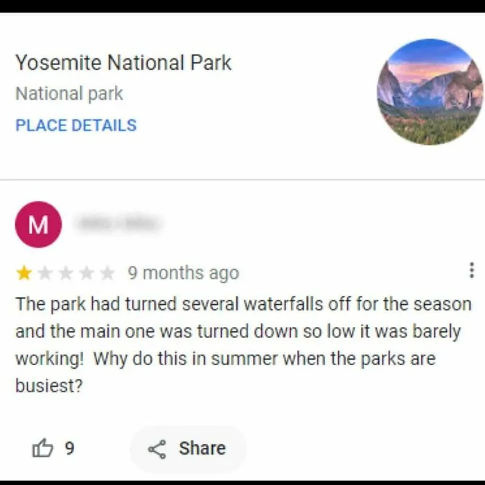 Amusing complaint review about Yosemite waterfalls turned off, showing unexpected comedy in public feedback
