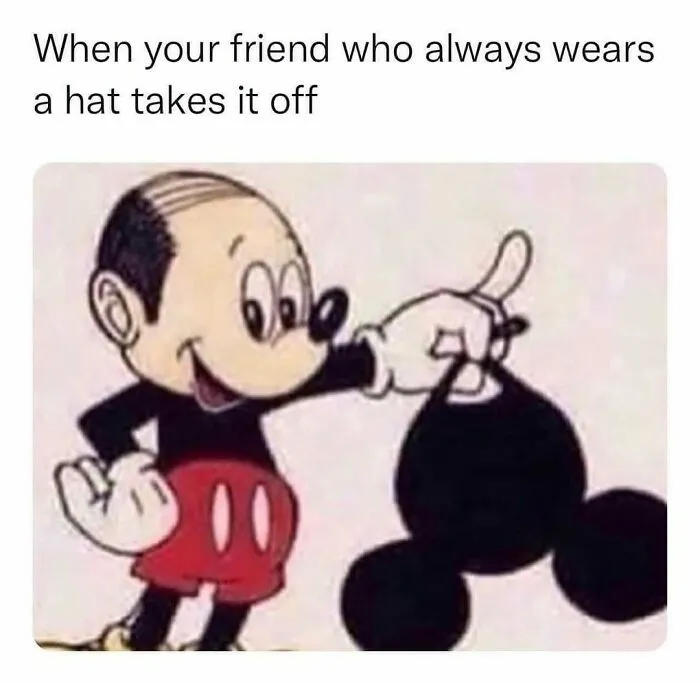 Mickey Mouse balding head meme ideal for sending memes to friends when taking off a hat.