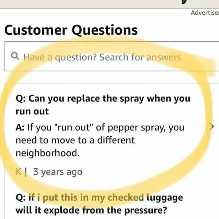 Funny product review question about replacing pepper spray, creating an unexpected comedy show in the Q&A section.