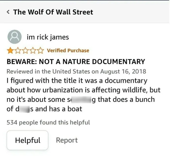 Hilarious review for The Wolf of Wall Street movie, showcasing funny product reviews online.