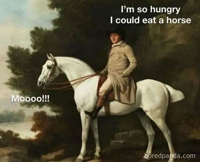 Classical art memes showing a man riding a white horse that says Moooo