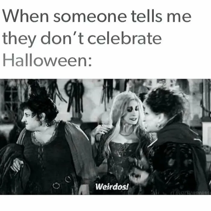 Spooky season meme featuring Hocus Pocus witches calling non-celebrators weirdos
