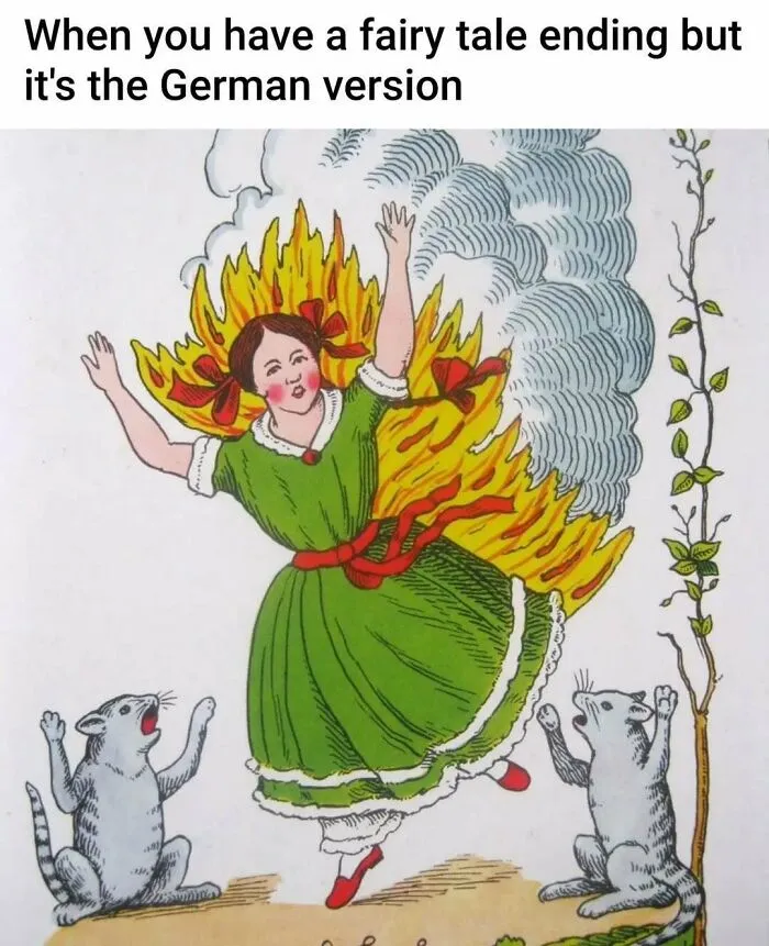 Illustration of a girl on fire with cats, a funny classic art meme example.