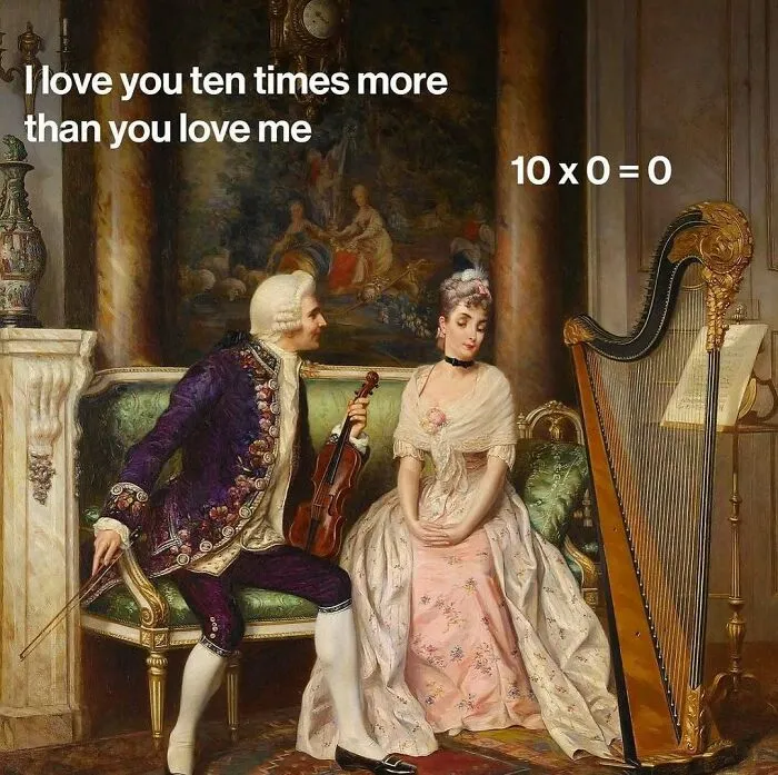 History and classical art meme depicting a man with a violin and a woman near a harp