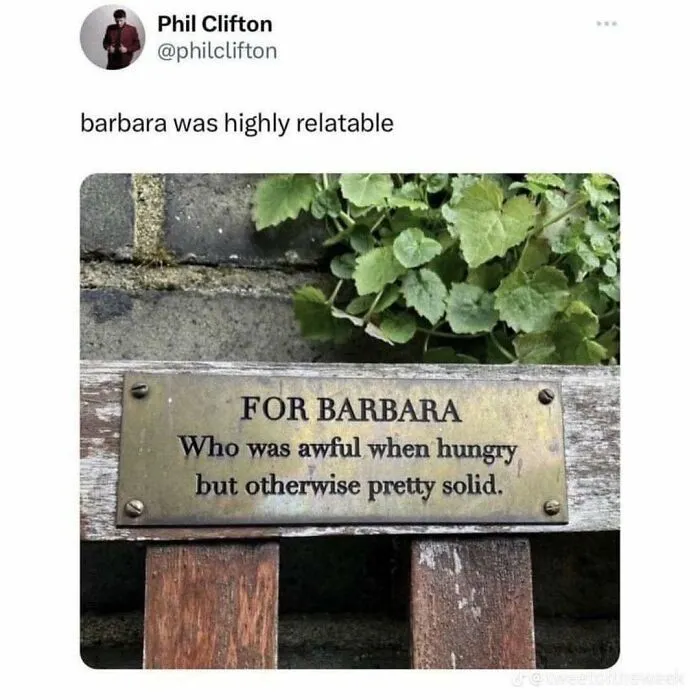 Funny British meme plaque for Barbara who was awful when hungry