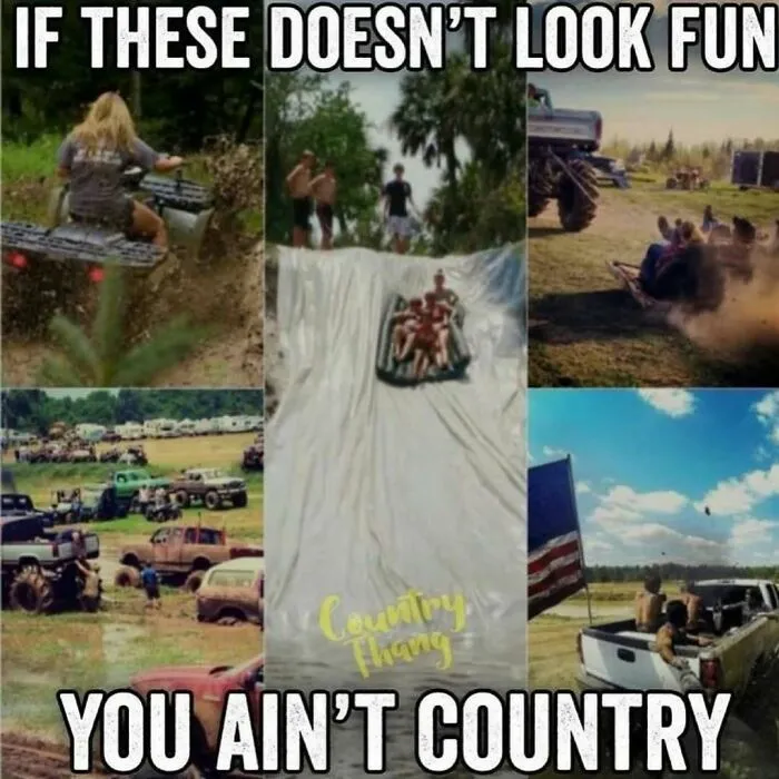 Collage of redneck memes showing outdoor activities like mud riding and water sliding.