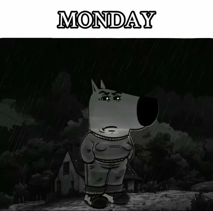 Sad cartoon character standing in the rain, a perfect monday meme