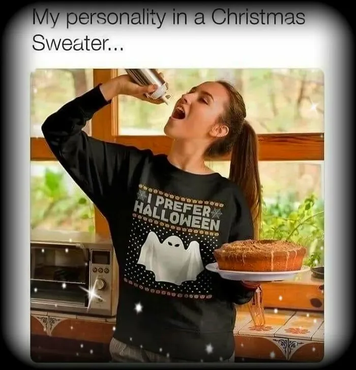 Spooky season meme featuring a woman wearing an I Prefer Halloween sweater while eating whipped cream