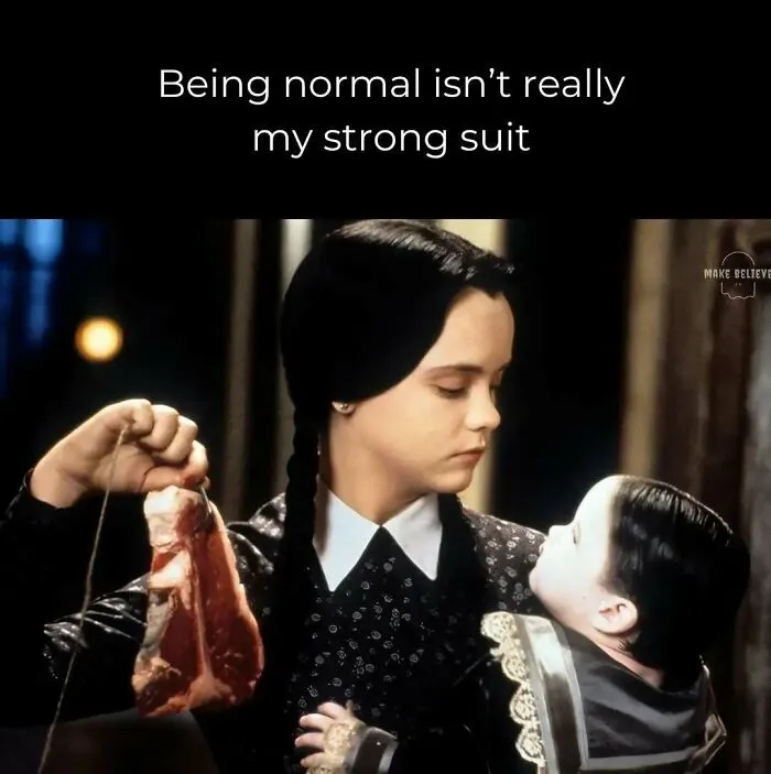 Wednesday Addams holding a piece of raw meat, showcasing spooky season memes and quirky humor.
